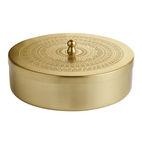 round gold metal etched mandala spice box with containers|ExclusiveLane 'Mandala Etched' Brass Indian Spice Box With .